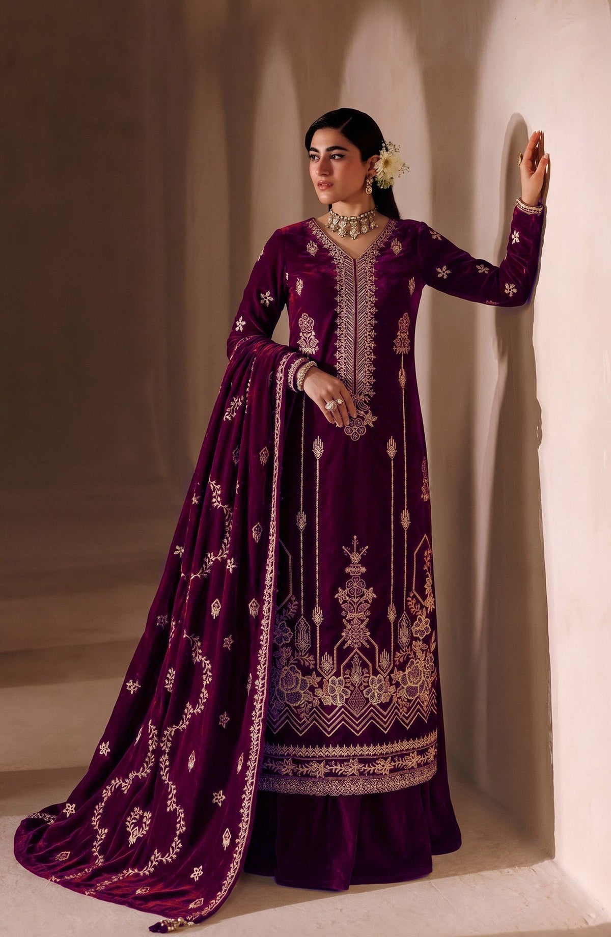 Chanchal by Amna Khadija Embroidered Velvet Unstitched 3 Piece Suit - D-03 - AM26CNL - Maroon - Winter Collection
