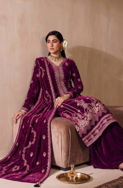 Chanchal by Amna Khadija Embroidered Velvet Unstitched 3 Piece Suit - D-03 - AM26CNL - Maroon - Winter Collection