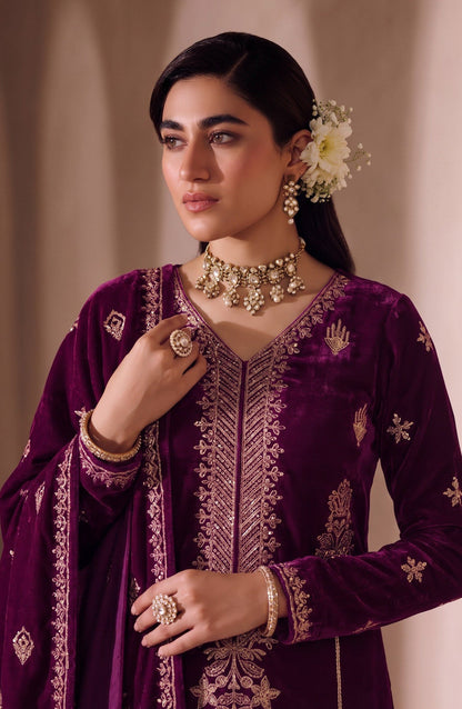 Chanchal by Amna Khadija Embroidered Velvet Unstitched 3 Piece Suit - D-03 - AM26CNL - Maroon - Winter Collection