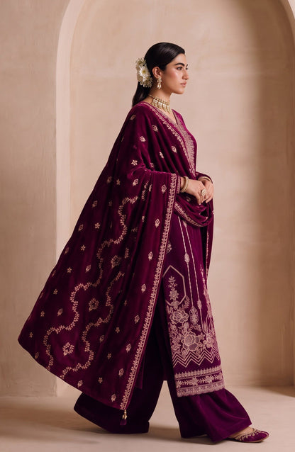 Chanchal by Amna Khadija Embroidered Velvet Unstitched 3 Piece Suit - D-03 - AM26CNL - Maroon - Winter Collection