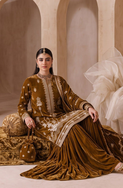 Chanchal by Amna Khadija Embroidered Velvet Unstitched 3 Piece Suit - D-05 - AM26CNL - Mustard - Winter Collection