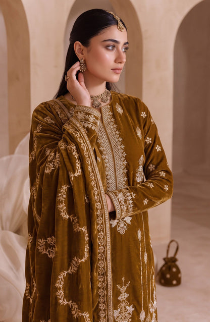 Chanchal by Amna Khadija Embroidered Velvet Unstitched 3 Piece Suit - D-05 - AM26CNL - Mustard - Winter Collection