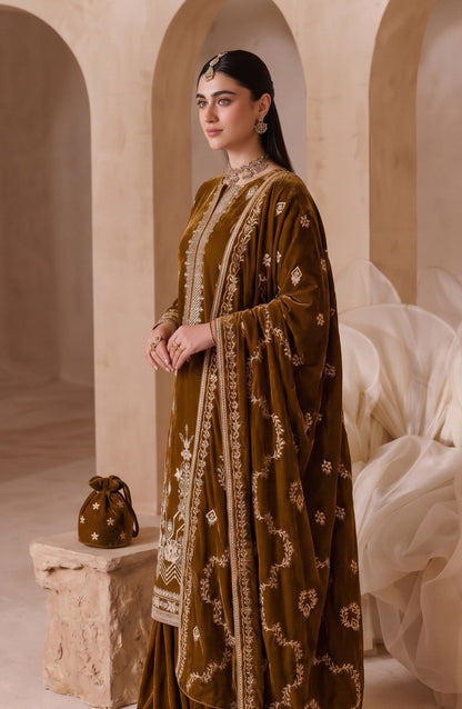 Chanchal by Amna Khadija Embroidered Velvet Unstitched 3 Piece Suit - D-05 - AM26CNL - Mustard - Winter Collection