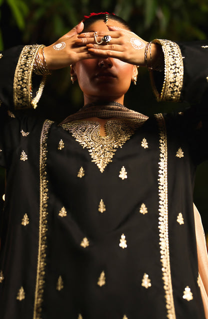 Chand Baali by Casual Lite Embroidered Silk Viscose Stitched 3 Piece Suit - 06 Noor-e-Shab - CL26CND - Black - Festive Collection