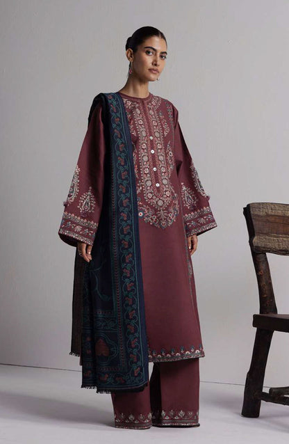 Coco by Zara Shahjahan Embroidered Khaddar Unstitched 3 Piece Suit - D-1A - ZS26CW - Burgundy - Winter Collection