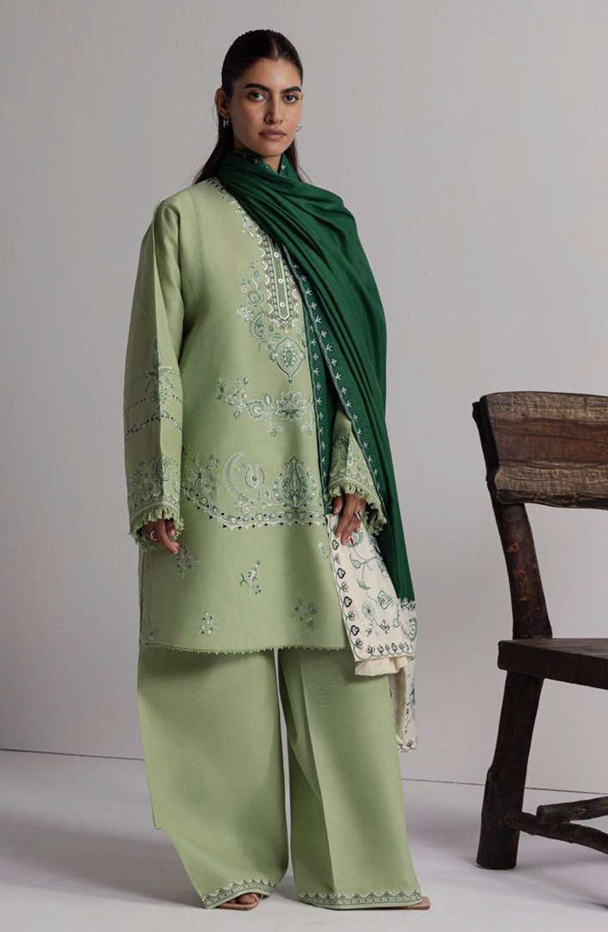 Coco by Zara Shahjahan Embroidered Khaddar Unstitched 3 Piece Suit - D-4B - ZS26CW - Green - Winter Collection