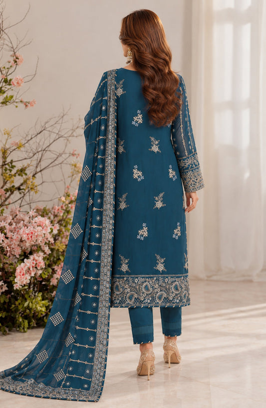 Darbaar-e-Ishq by Amna Khadija Embroidered Chiffon Stitched 3 Piece Suit - AKDI-01 - AM26DBR - Blue - Festive Collection