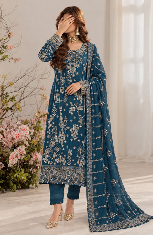 Darbaar-e-Ishq by Amna Khadija Embroidered Chiffon Stitched 3 Piece Suit - AKDI-01 - AM26DBR - Blue - Festive Collection