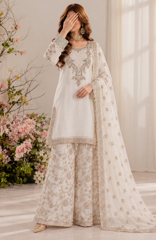 Darbaar-e-Ishq by Amna Khadija Embroidered Chiffon Stitched 3 Piece Suit - AKDI-05 - AM26DBR - White - Festive Collection
