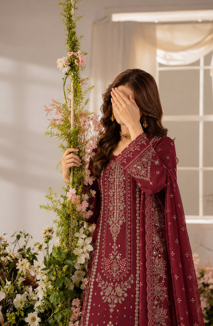 Darbaar-e-Ishq by Amna Khadija Embroidered Chiffon Stitched 3 Piece Suit - AKDI-06 - AM26DBR - Maroon - Festive Collection