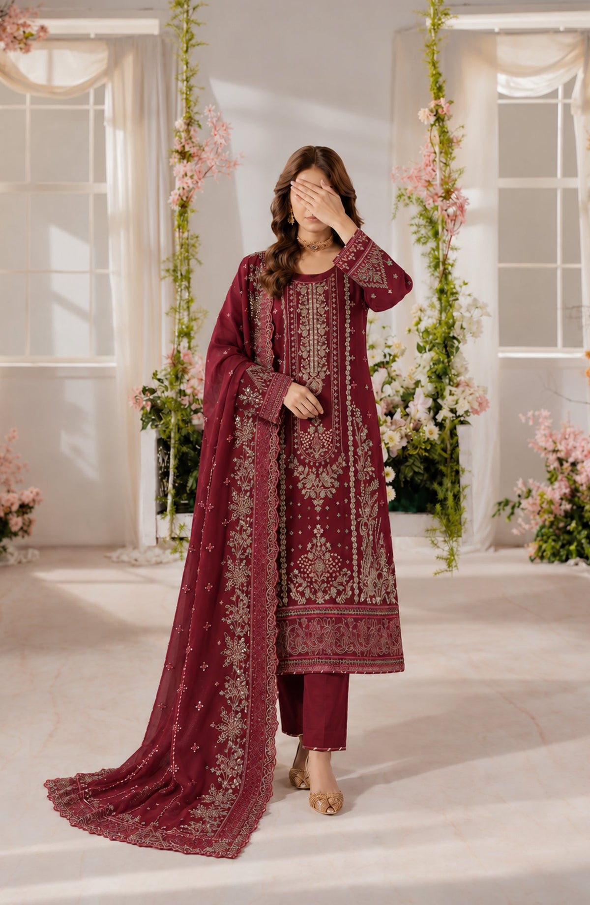 Darbaar-e-Ishq by Amna Khadija Embroidered Chiffon Stitched 3 Piece Suit - AKDI-06 - AM26DBR - Maroon - Festive Collection