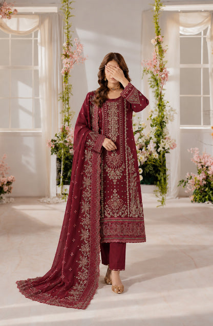 Darbaar-e-Ishq by Amna Khadija Embroidered Chiffon Stitched 3 Piece Suit - AKDI-06 - AM26DBR - Maroon - Festive Collection