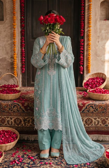 Darbaar-e-Ishq by Amna Khadija Embroidered Chiffon Stitched 3 Piece Suit - AKDI-09 - AM26BRT - Blue - Festive Collection