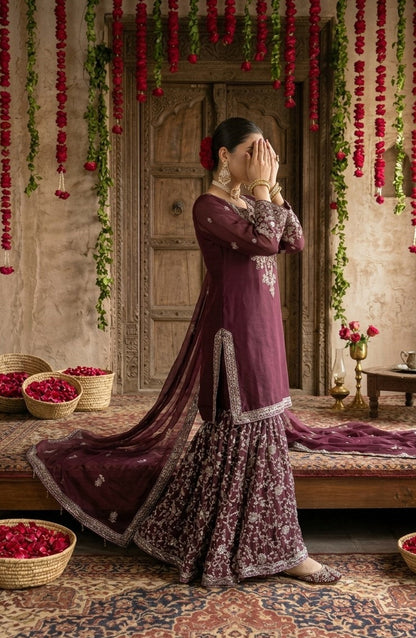 Darbaar-e-Ishq by Amna Khadija Embroidered Chiffon Stitched 3 Piece Suit - AKDI-11 - AM26BRT - Purple - Festive Collection