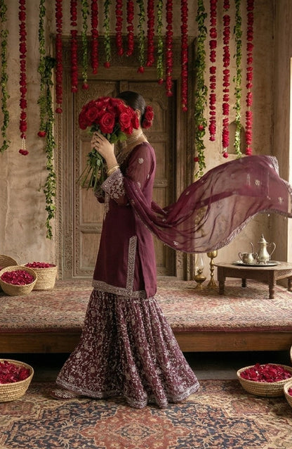 Darbaar-e-Ishq by Amna Khadija Embroidered Chiffon Stitched 3 Piece Suit - AKDI-11 - AM26BRT - Purple - Festive Collection