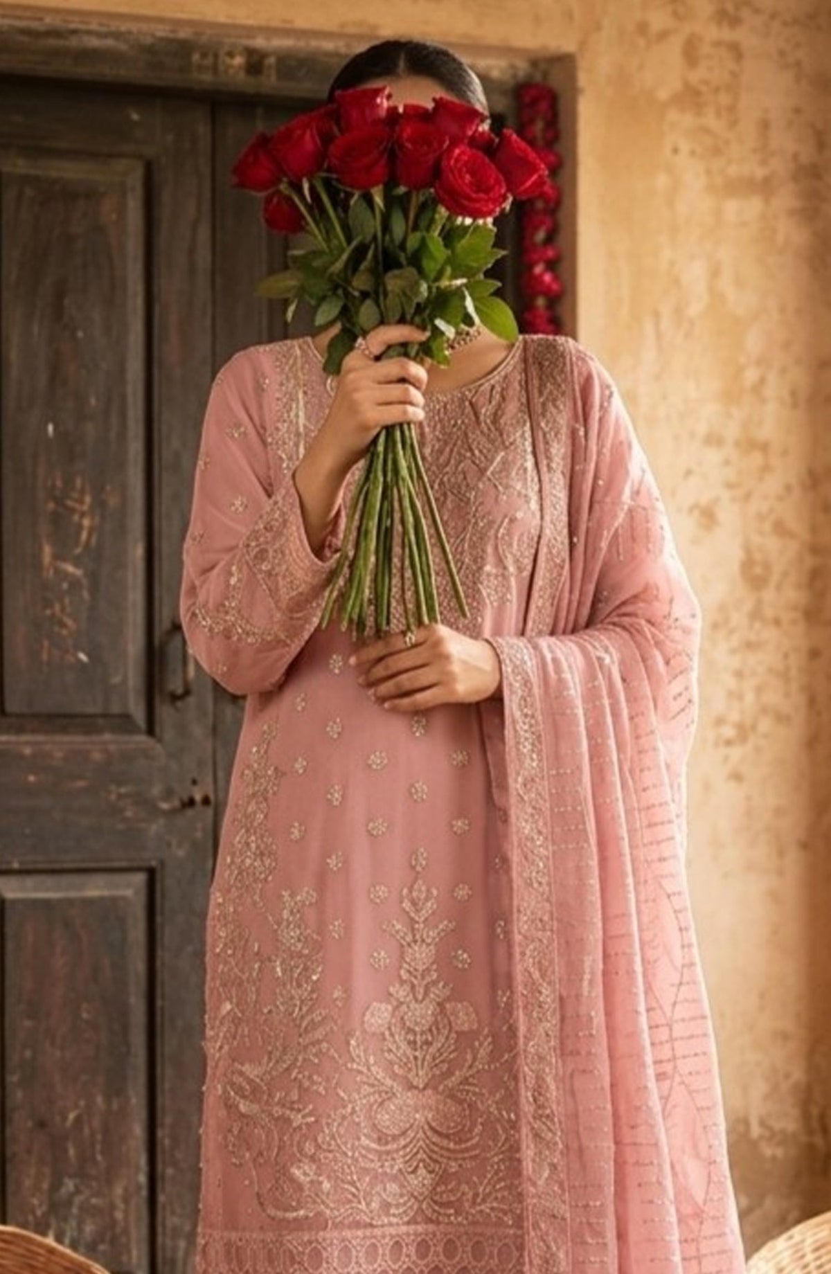 Darbaar-e-Ishq by Amna Khadija Embroidered Chiffon Stitched 3 Piece Suit - AKDI-12 - AM26BRT - Pink - Festive Collection