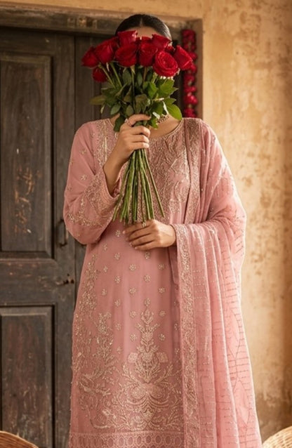 Darbaar-e-Ishq by Amna Khadija Embroidered Chiffon Stitched 3 Piece Suit - AKDI-12 - AM26BRT - Pink - Festive Collection