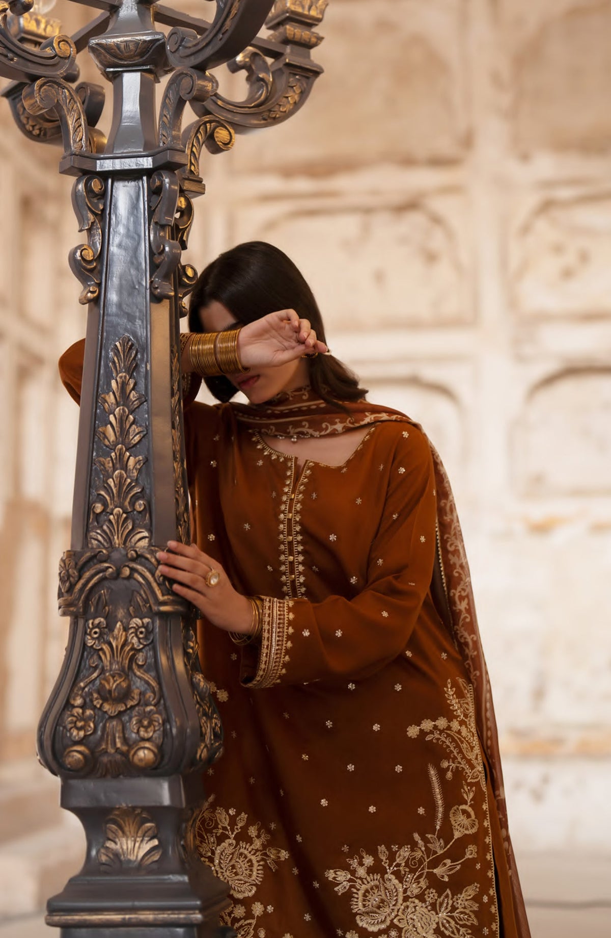 Darbar by Casual Lite Premium Embroidered Silk Viscose Stitched 3 Piece Suit - Mehrbano - CL26DRB - Rust - Festive Collection