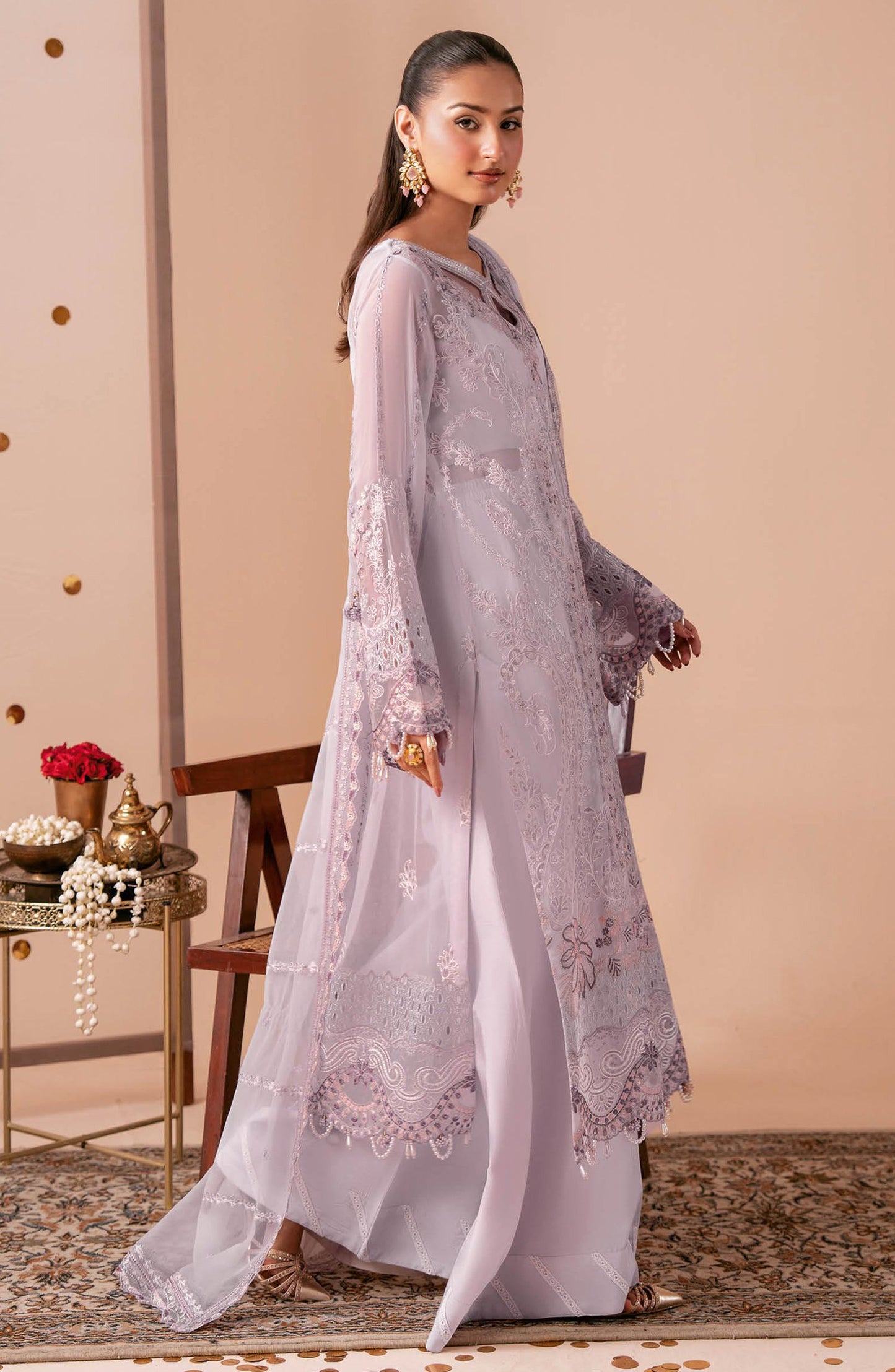 Dastak by Ramsha Premium Embroidered Chiffon Unstitched 3 Piece Suit - Q-308 - RM26DTK - Purple - Festive Collection
