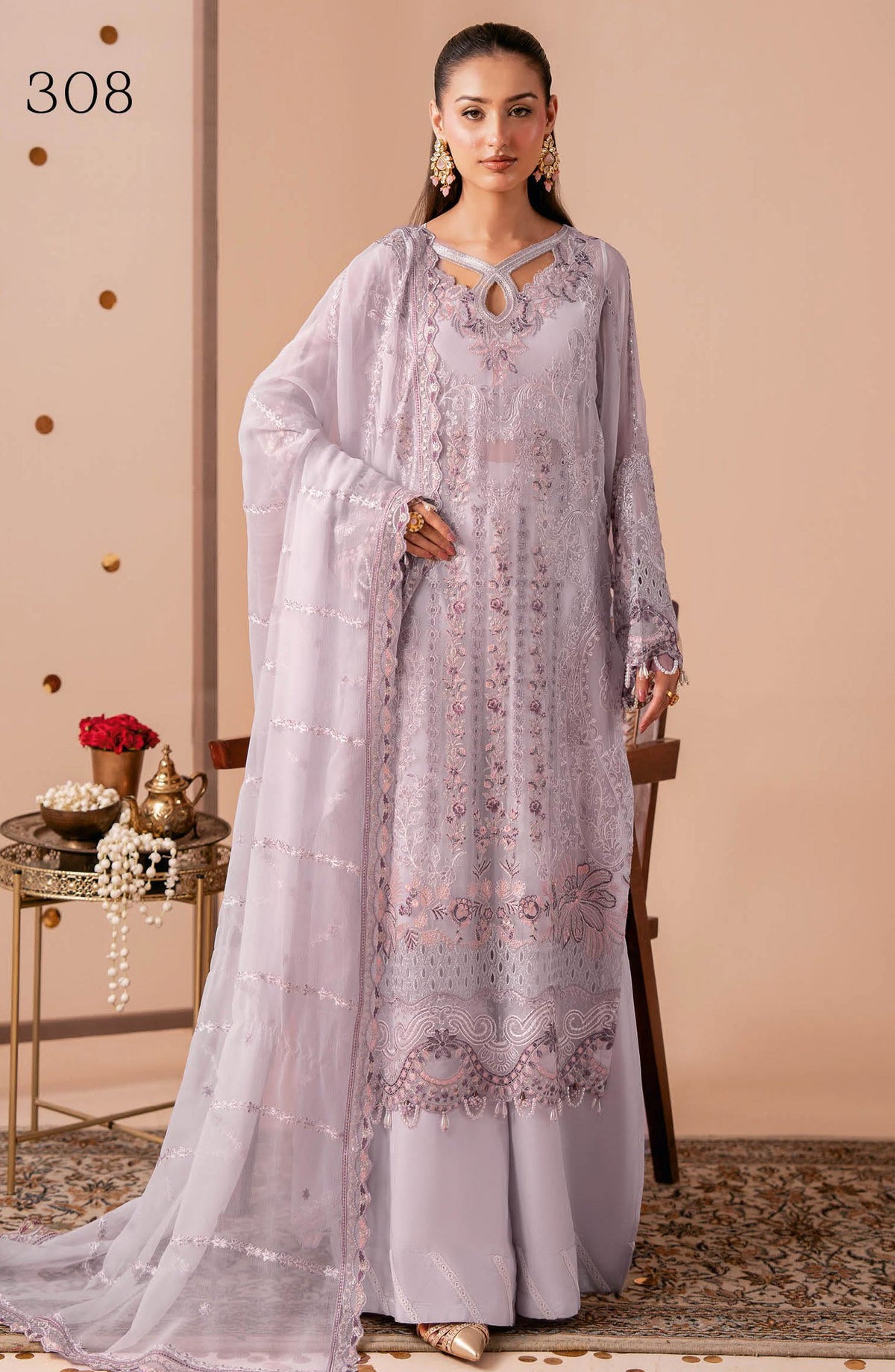Dastak by Ramsha Premium Embroidered Chiffon Unstitched 3 Piece Suit - Q-308 - RM26DTK - Purple - Festive Collection