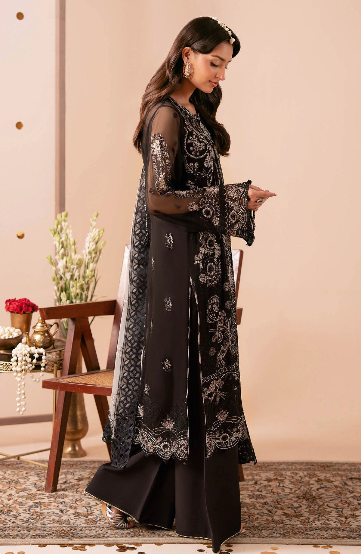 Dastak by Ramsha Premium Embroidered Chiffon Unstitched 3 Piece Suit - Q-306 - RM26DTK - Black - Festive Collection