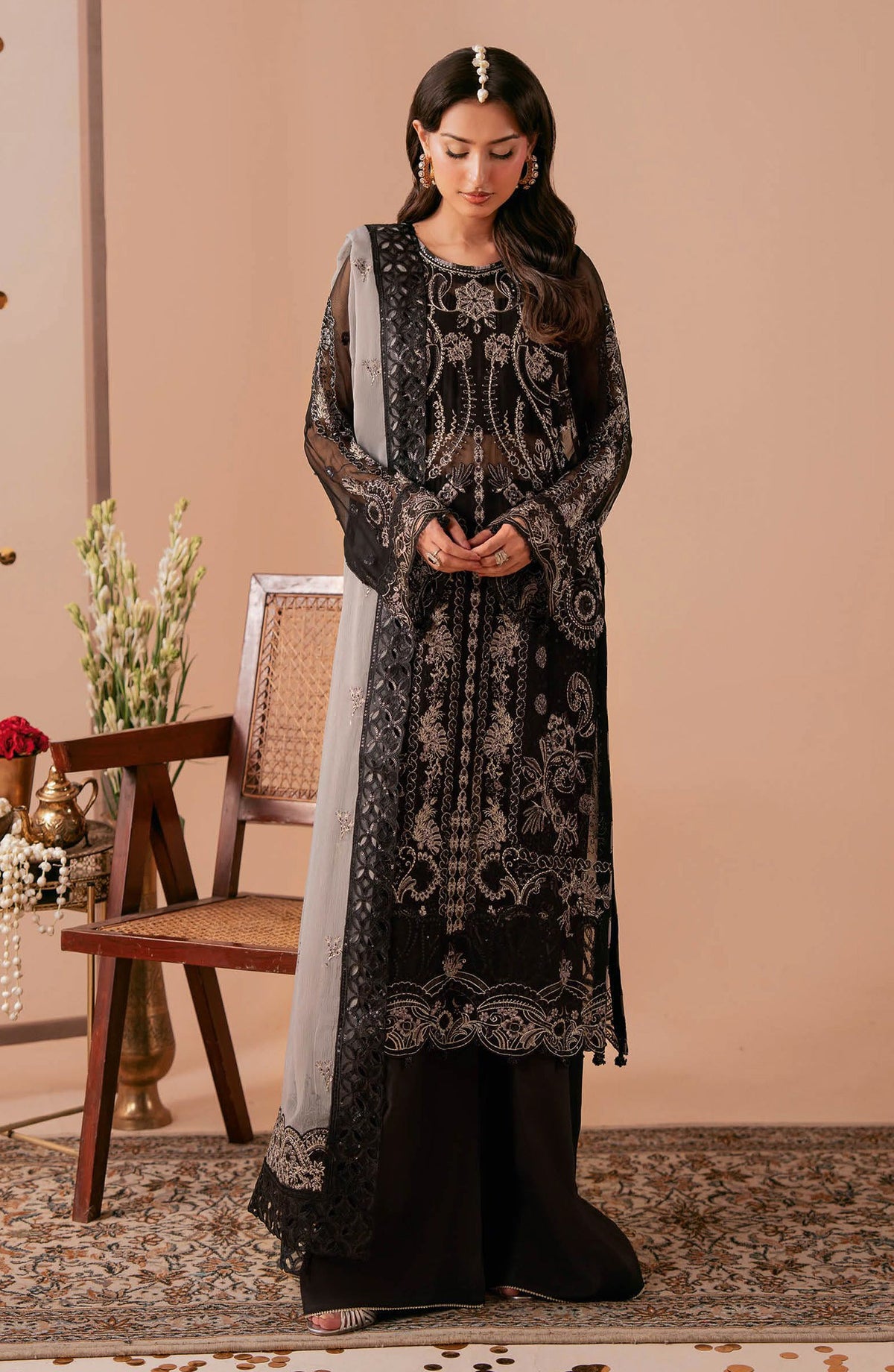 Dastak by Ramsha Premium Embroidered Chiffon Unstitched 3 Piece Suit - Q-306 - RM26DTK - Black - Festive Collection