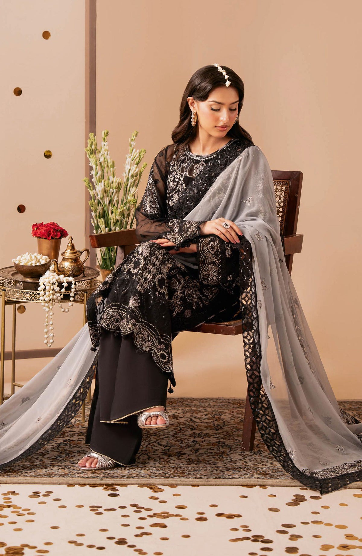 Dastak by Ramsha Premium Embroidered Chiffon Unstitched 3 Piece Suit - Q-306 - RM26DTK - Black - Festive Collection