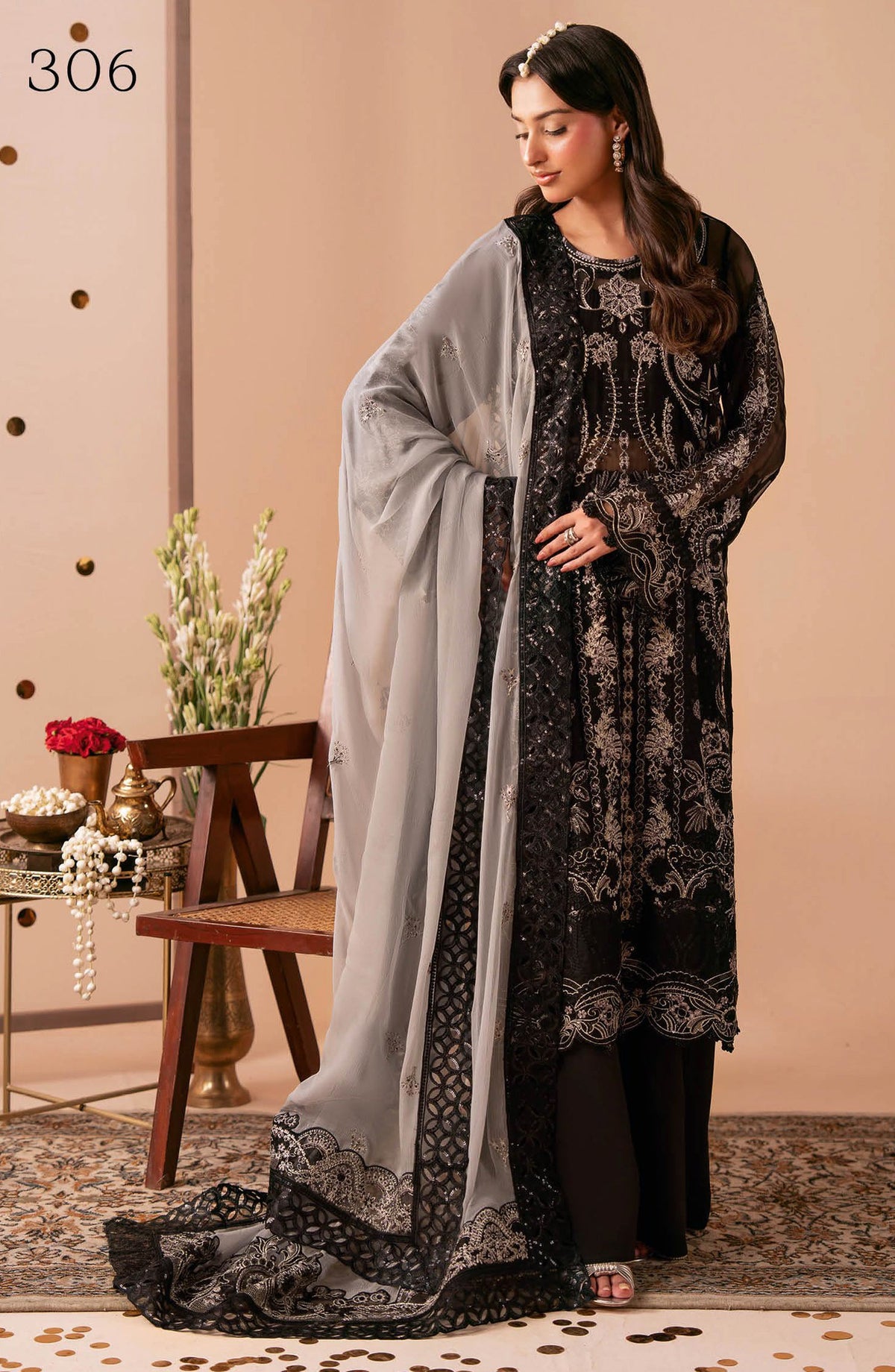 Dastak by Ramsha Premium Embroidered Chiffon Unstitched 3 Piece Suit - Q-306 - RM26DTK - Black - Festive Collection
