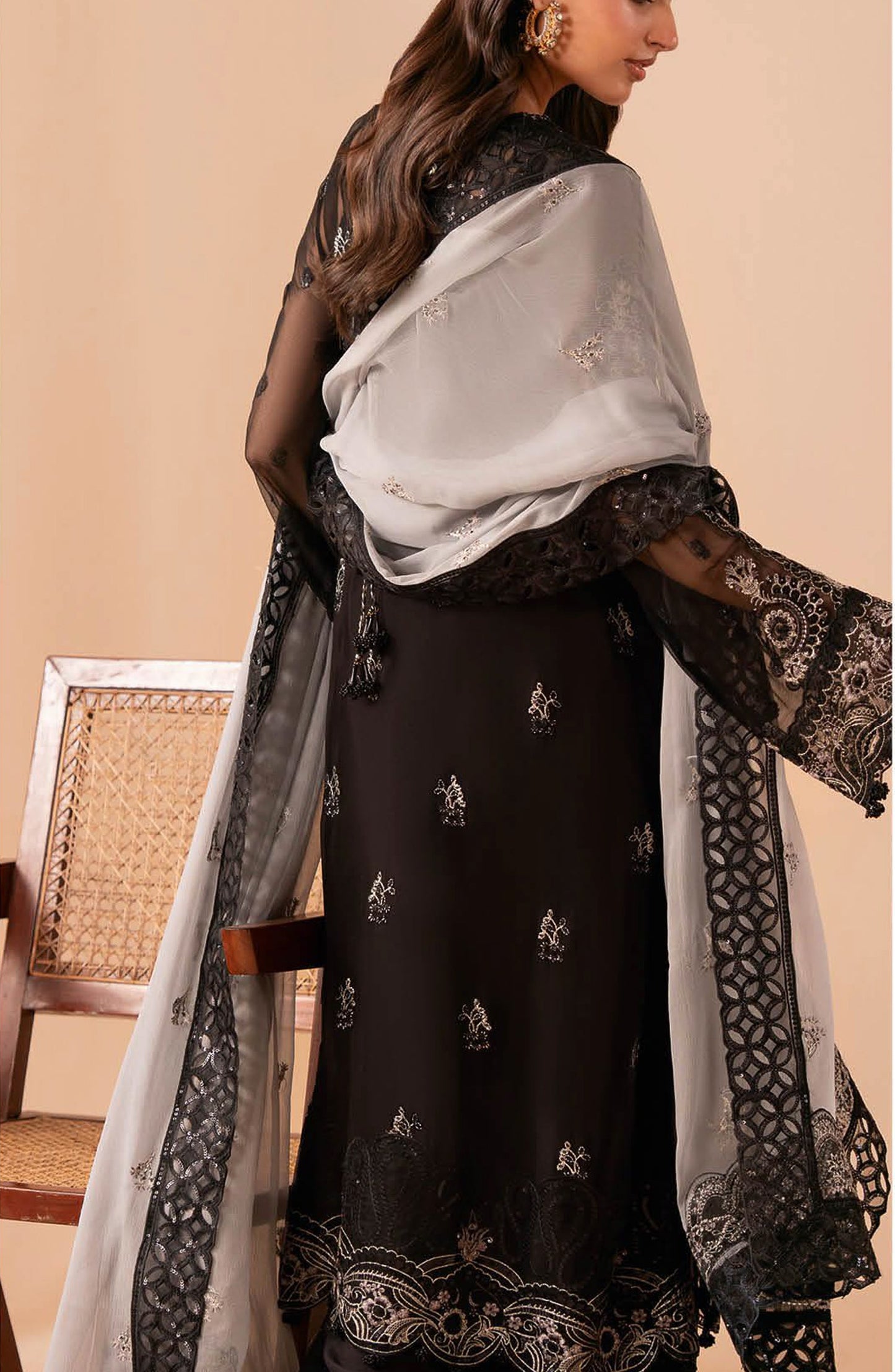 Dastak by Ramsha Premium Embroidered Chiffon Unstitched 3 Piece Suit - Q-306 - RM26DTK - Black - Festive Collection