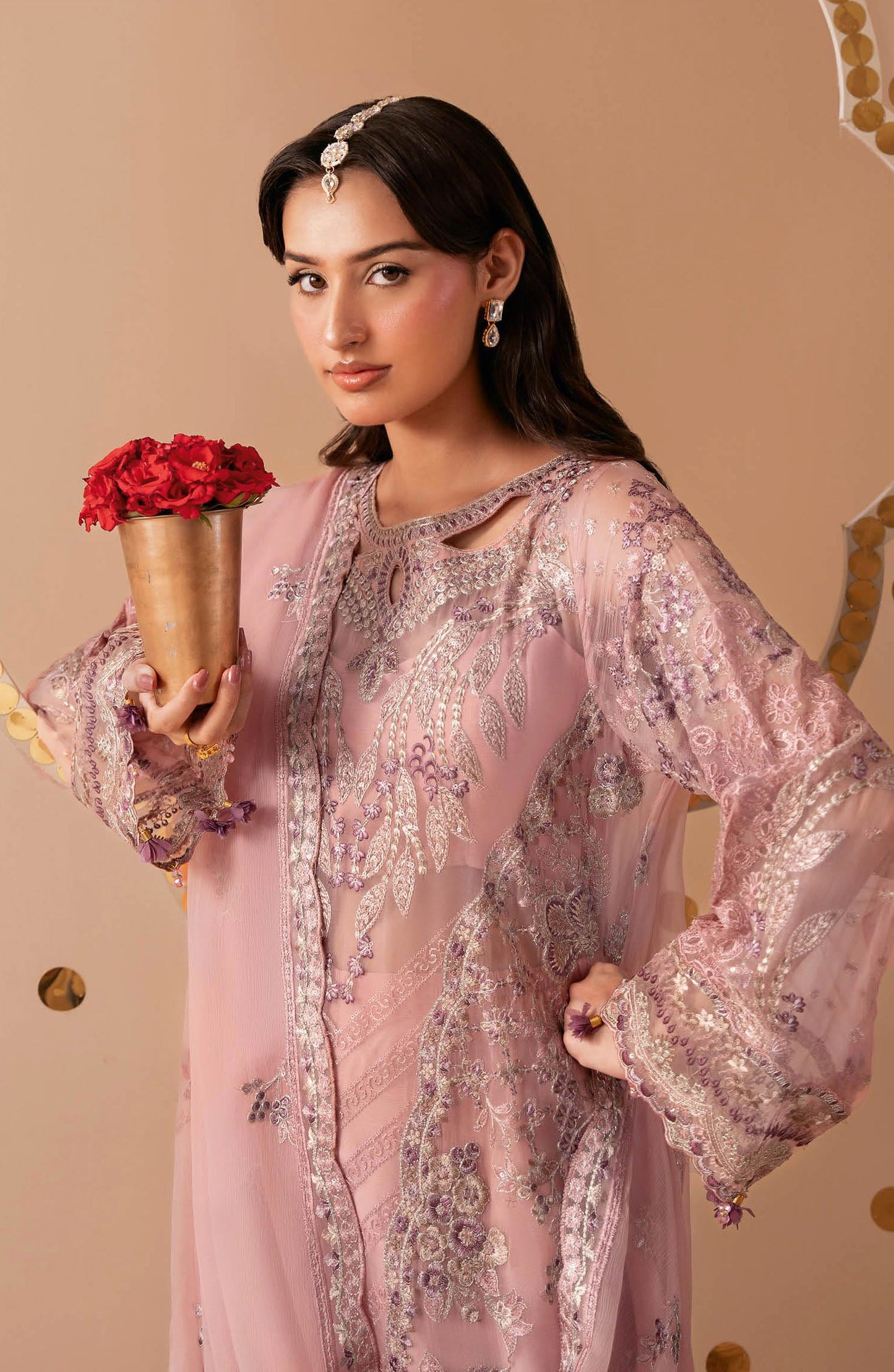 Dastak by Ramsha Premium Embroidered Chiffon Unstitched 3 Piece Suit - Q-305 - RM26DTK - Pink - Festive Collection