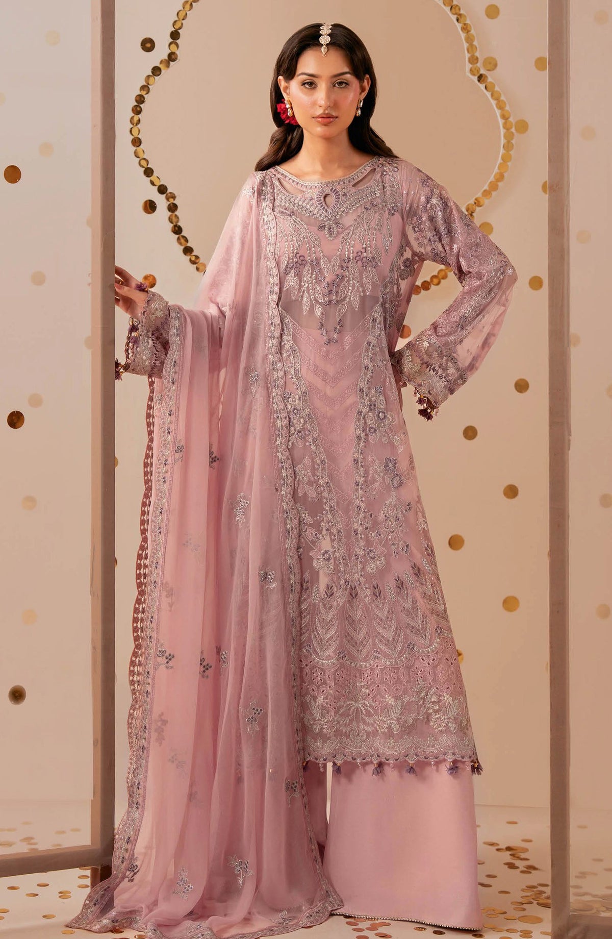 Dastak by Ramsha Premium Embroidered Chiffon Unstitched 3 Piece Suit - Q-305 - RM26DTK - Pink - Festive Collection