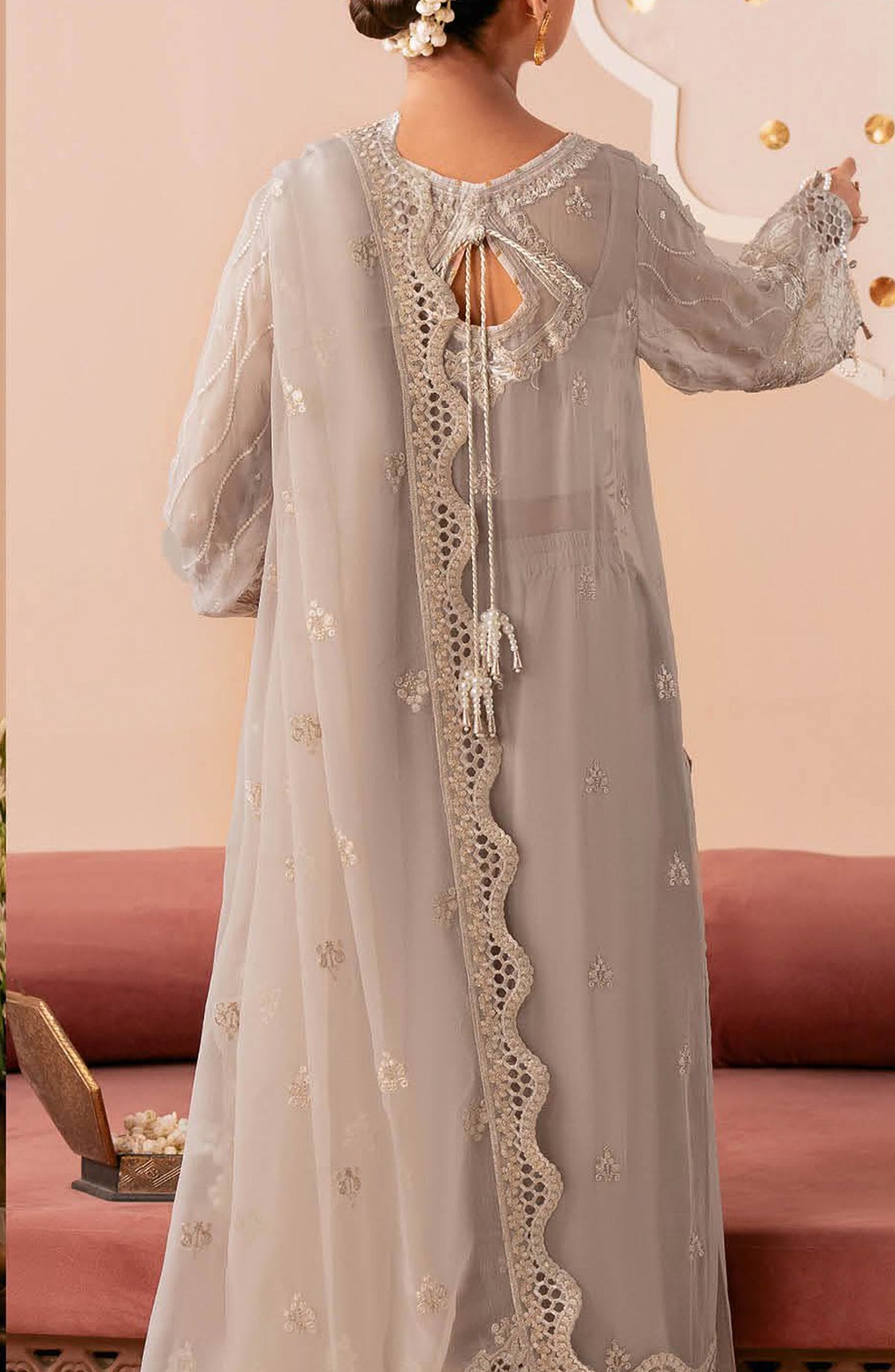 Dastak by Ramsha Premium Embroidered Chiffon Unstitched 3 Piece Suit - Q-304 - RM26DTK - Grey - Festive Collection