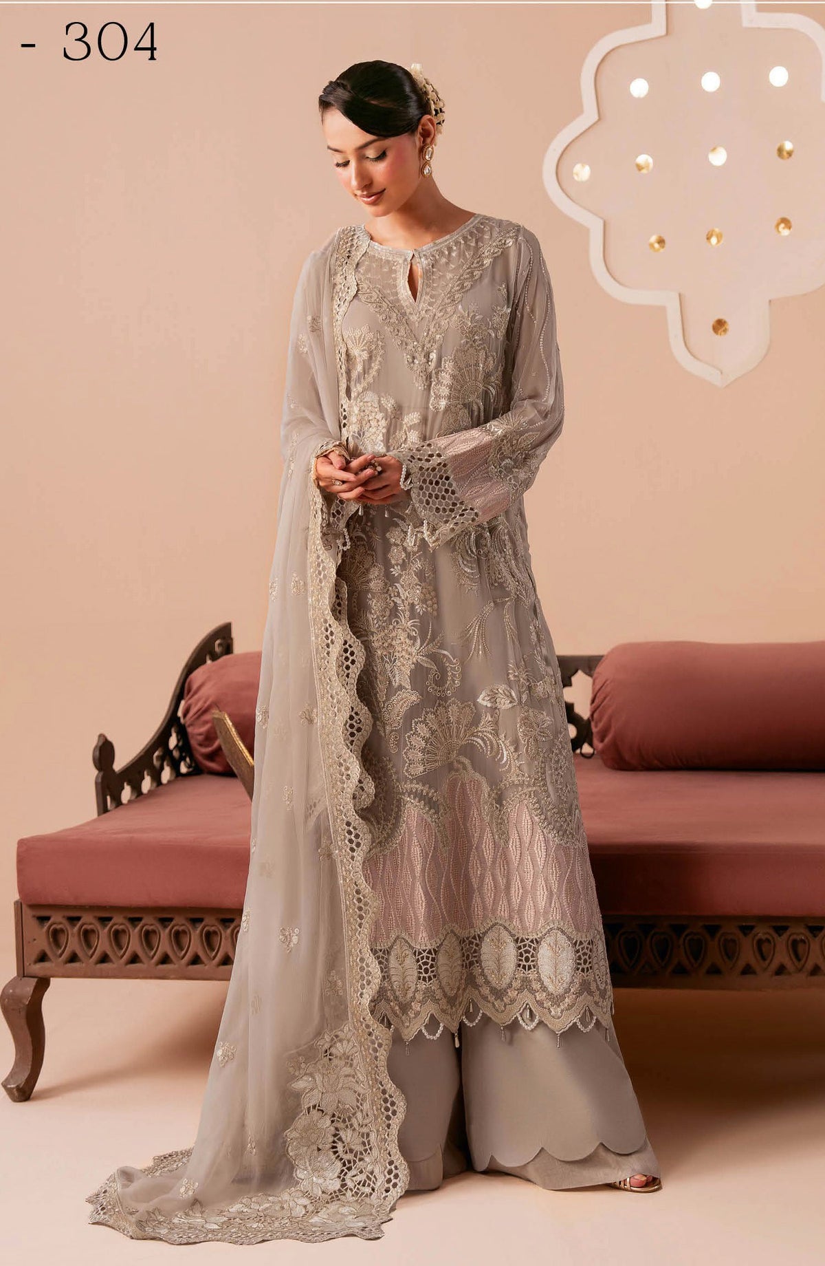 Dastak by Ramsha Premium Embroidered Chiffon Unstitched 3 Piece Suit - Q-304 - RM26DTK - Grey - Festive Collection