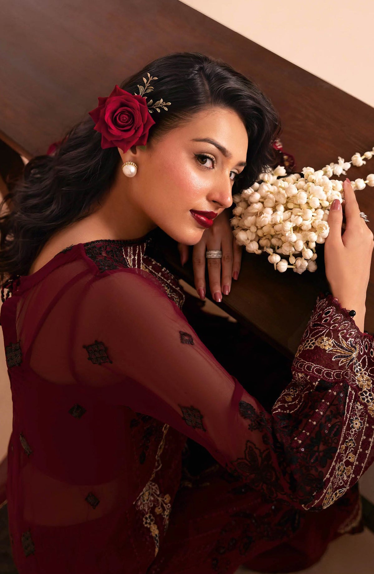 Dastak by Ramsha Premium Embroidered Chiffon Unstitched 3 Piece Suit - Q-303 - RM26DTK - Maroon - Festive Collection