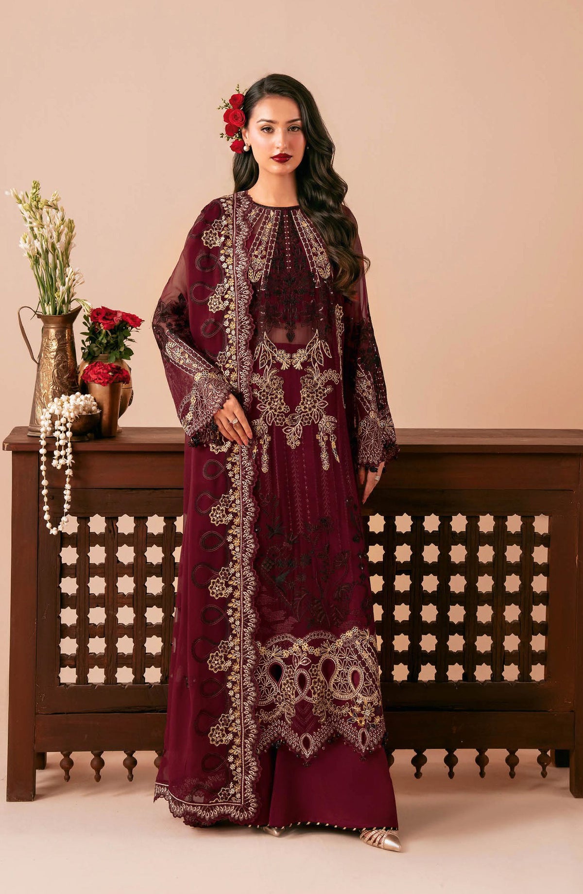 Dastak by Ramsha Premium Embroidered Chiffon Unstitched 3 Piece Suit - Q-303 - RM26DTK - Maroon - Festive Collection
