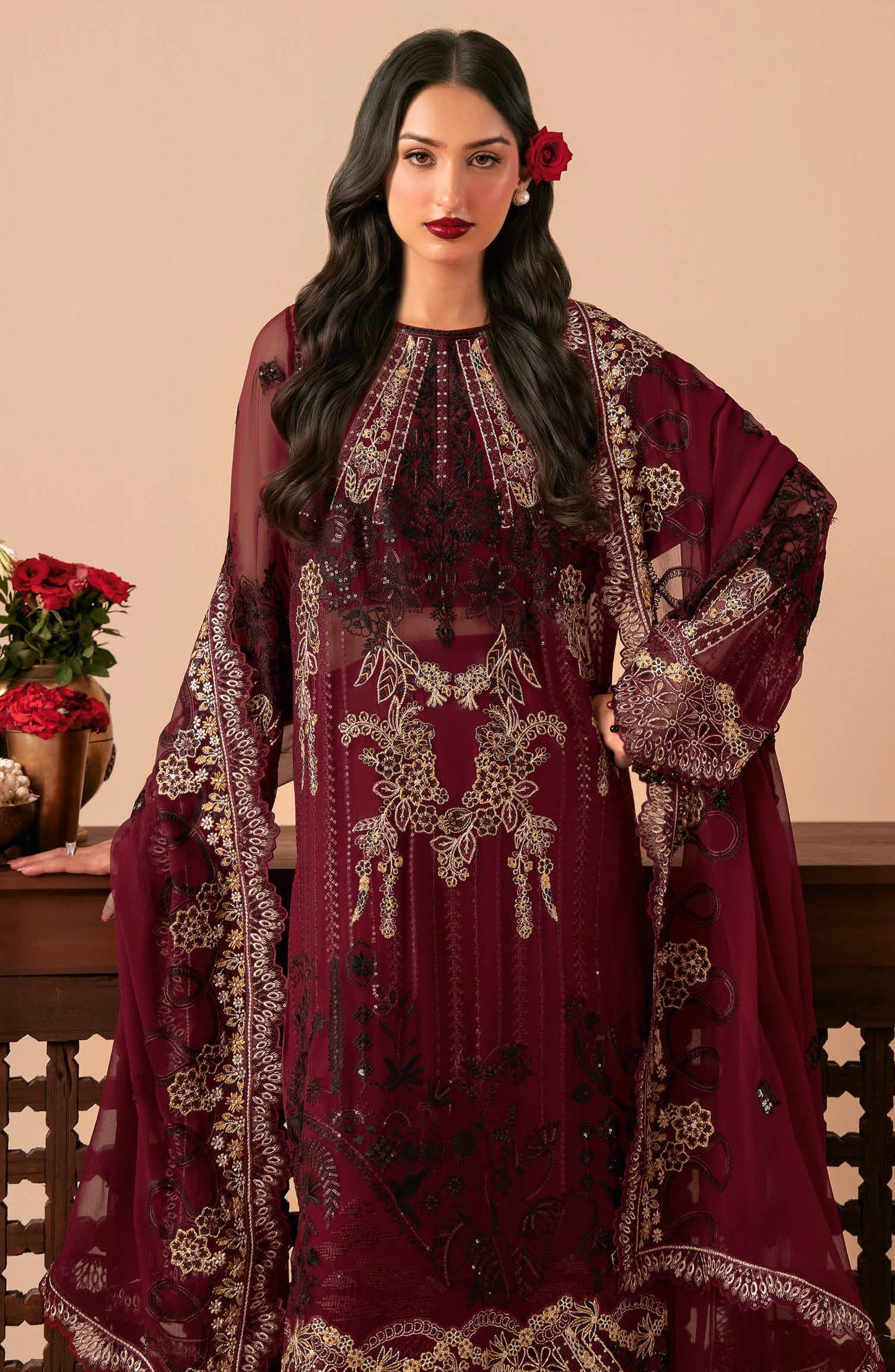 Dastak by Ramsha Premium Embroidered Chiffon Unstitched 3 Piece Suit - Q-303 - RM26DTK - Maroon - Festive Collection
