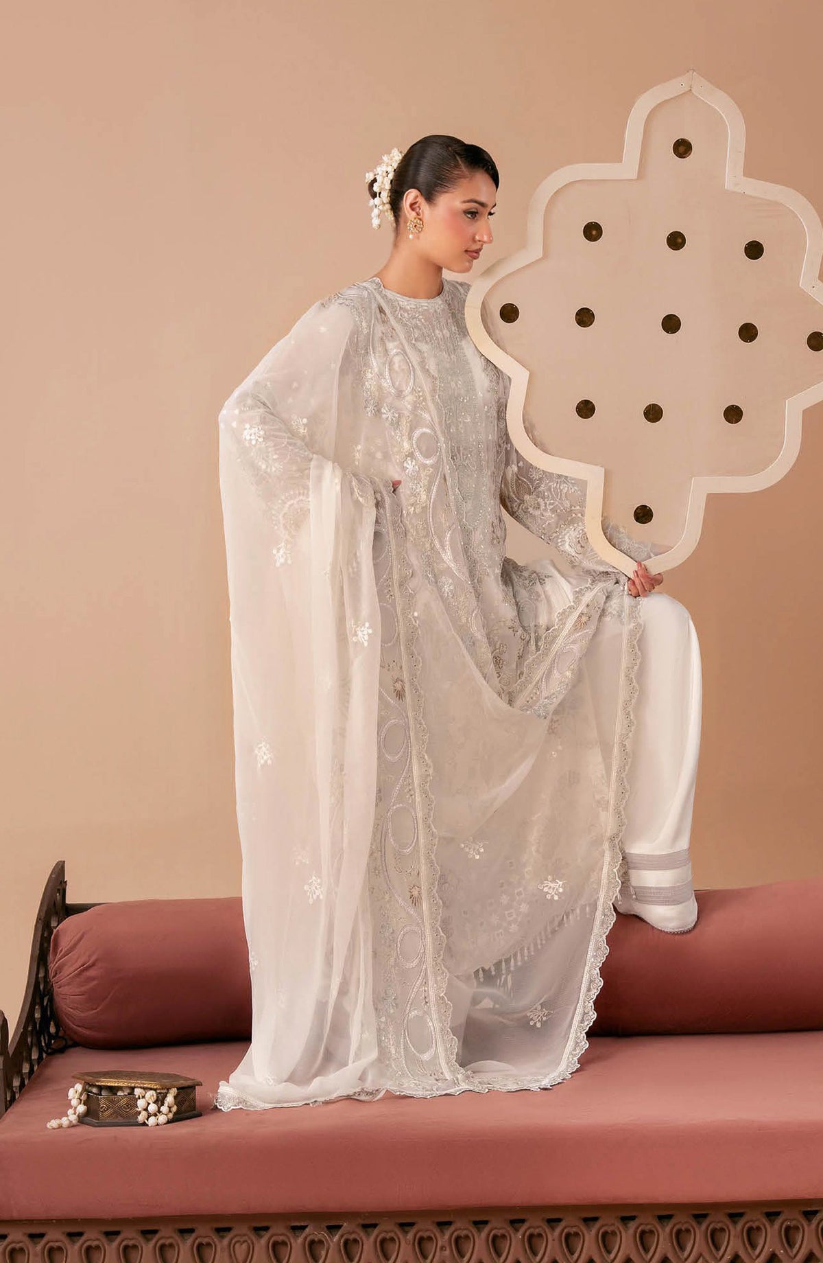 Dastak by Ramsha Premium Embroidered Chiffon Unstitched 3 Piece Suit - Q-302 - RM26DTK - White - Festive Collection