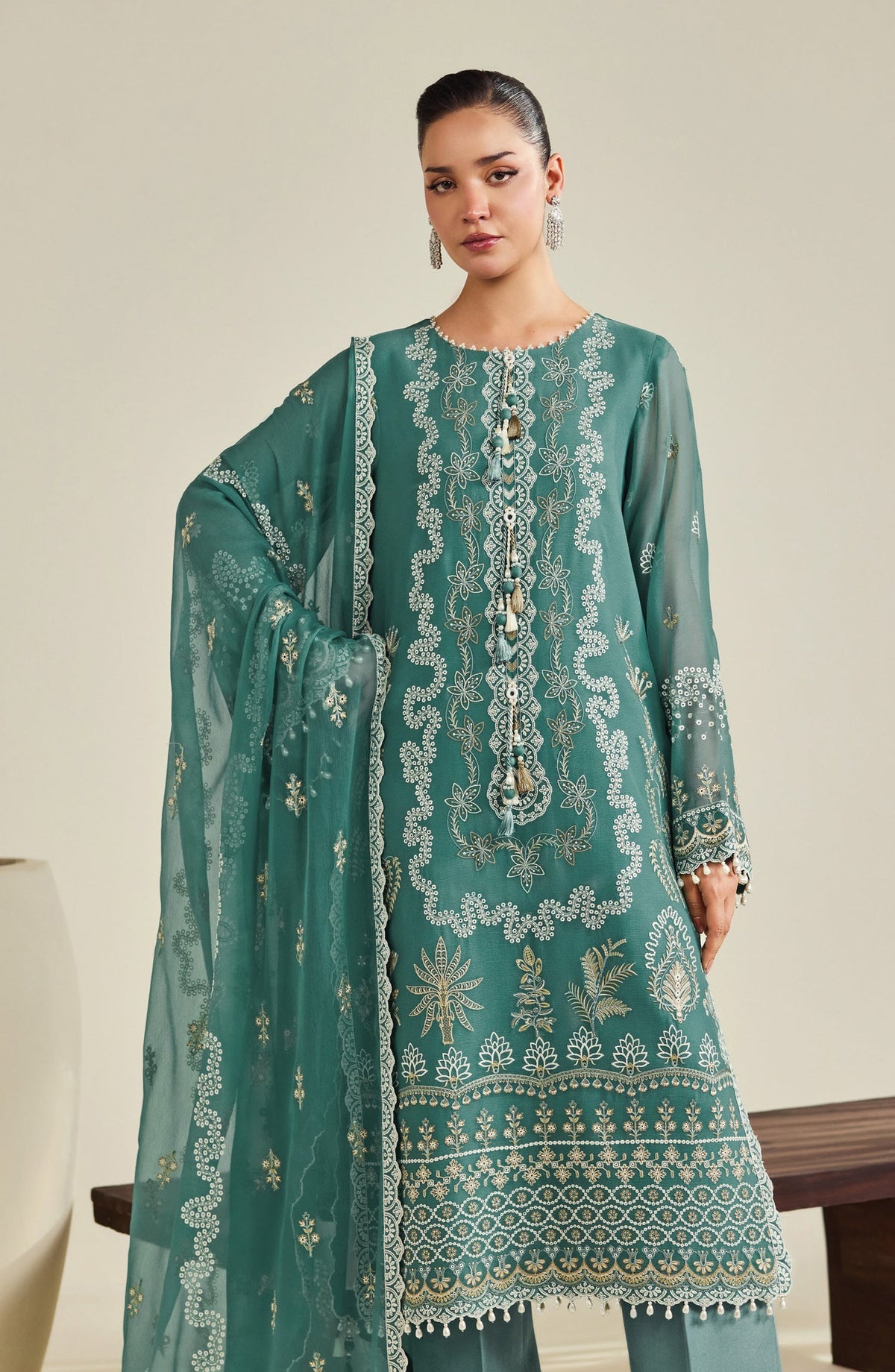 Dhaagay by Alizeh Embroidered Chiffon Unstitched 3 Piece Suit - 08-Zarqa - ALZ26DHG - Sea Green - Festive Collection