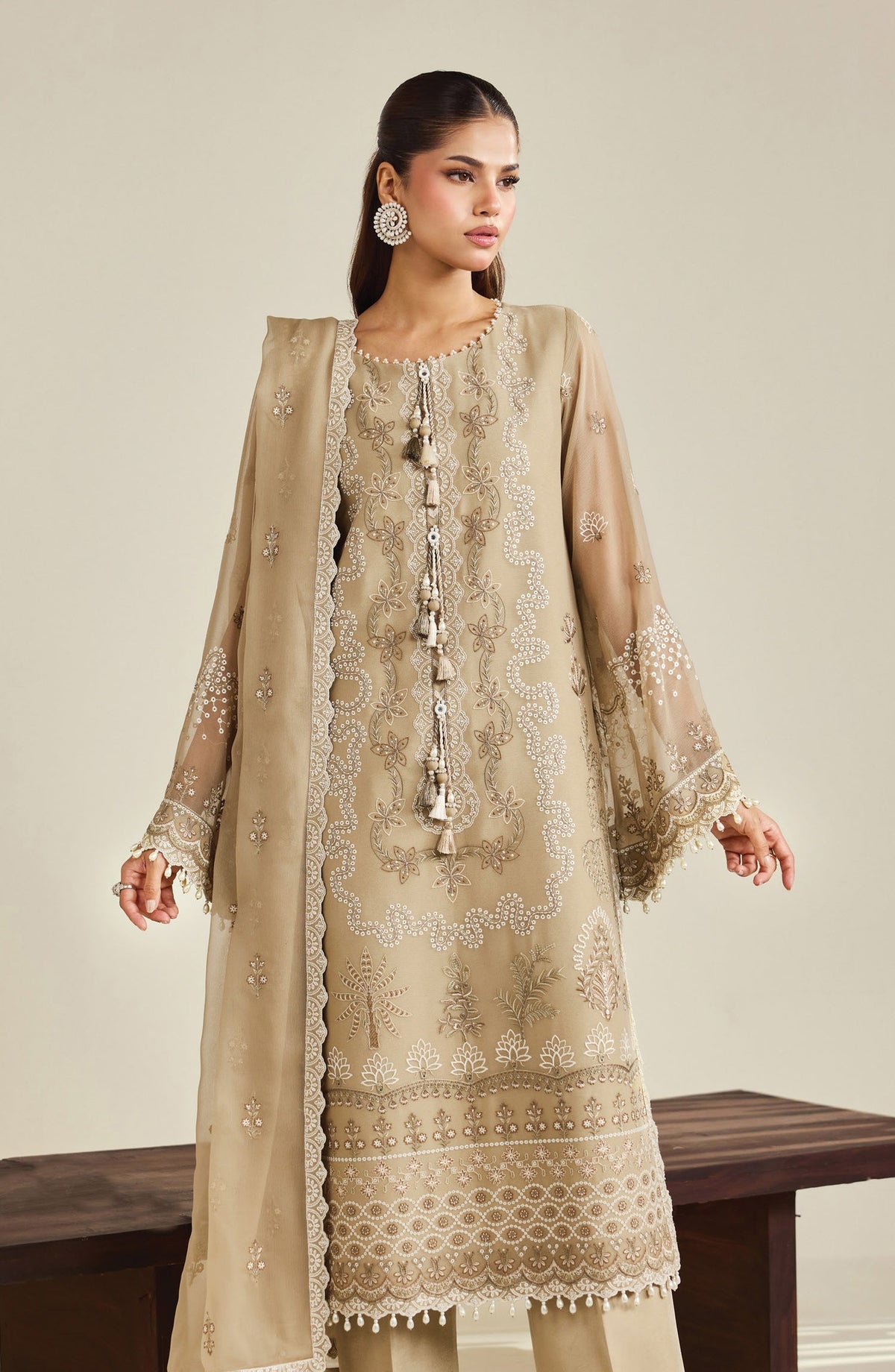 Dhaagay by Alizeh Embroidered Chiffon Unstitched 3 Piece Suit - 07-Azeen - ALZ26DHG - Beige - Festive Collection