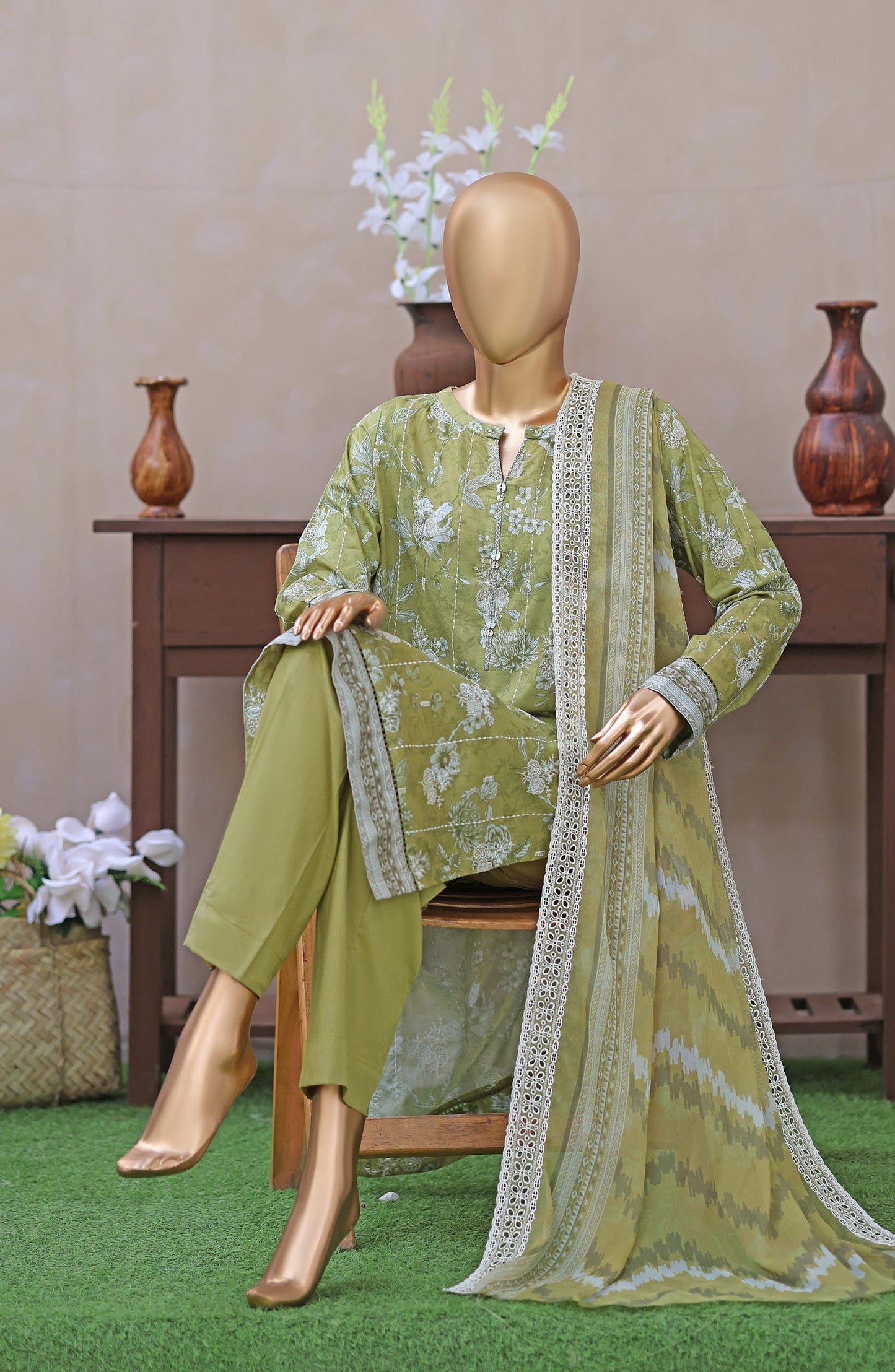 Dhagakari by HZ Textile Embroidered Lawn Unstitched 3 Piece Suit - D-07 - HZ26DGK - Green - Summer Collection