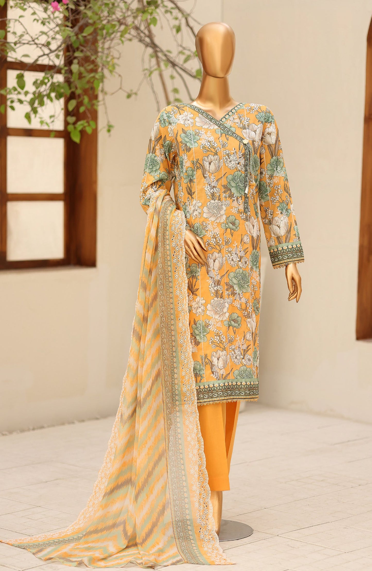 Dhagakari by HZ Textile Embroidered Lawn Unstitched 3 Piece Suit - D-04 - HZ26DGK - Yellow - Summer Collection