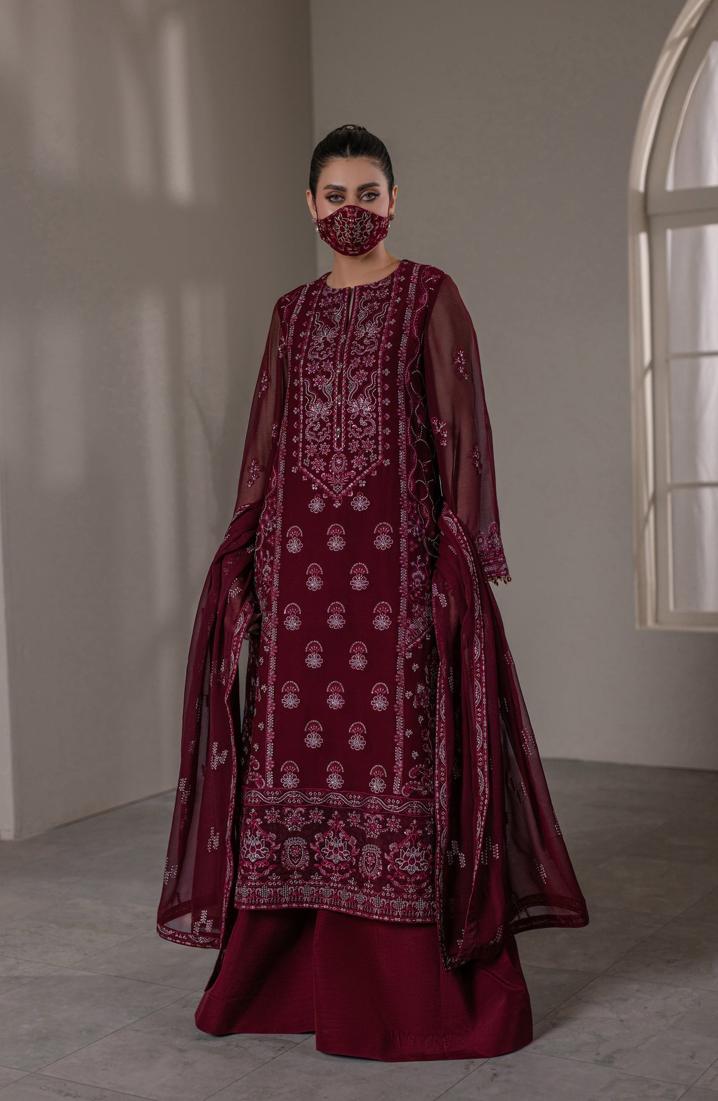 Dilkash Kuch Khas by Flossie Embroidered Chiffon Unstitched 3 Piece Suit - D2 (A) - FLS26DLK - Maroon - Luxury Collection