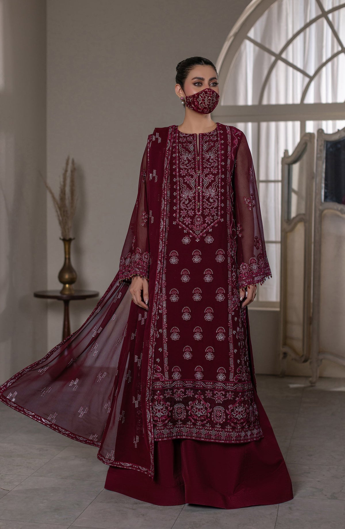Dilkash Kuch Khas by Flossie Embroidered Chiffon Unstitched 3 Piece Suit - D2 (A) - FLS26DLK - Maroon - Luxury Collection