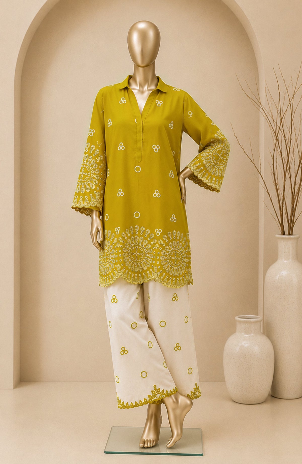 Dur e Hawa by Amna Khadija Embroidered Cotton Lawn Stitched 2 Piece Suit - AKDH-LP-01-B - AM26HWD - Mustard - Summer Collection