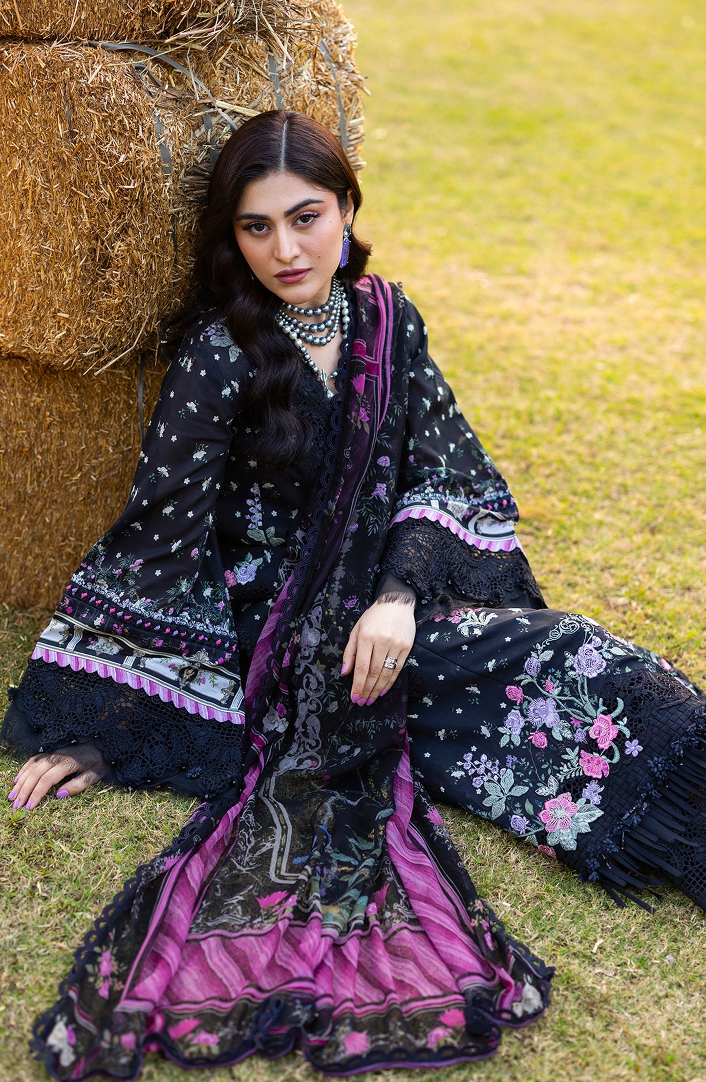 Elaf Embroidered Chikankari Lawn Unstitched 3 Piece Suit - ERC-7A Arzo - EL26CHK - Black - Summer Collection