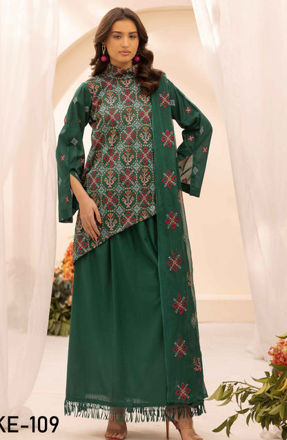 Elegance Khoobsurat by Embroidered Lawn Unstitched 3 Piece Suit - KE-109 - AK26EGN - Green - Summer Collection