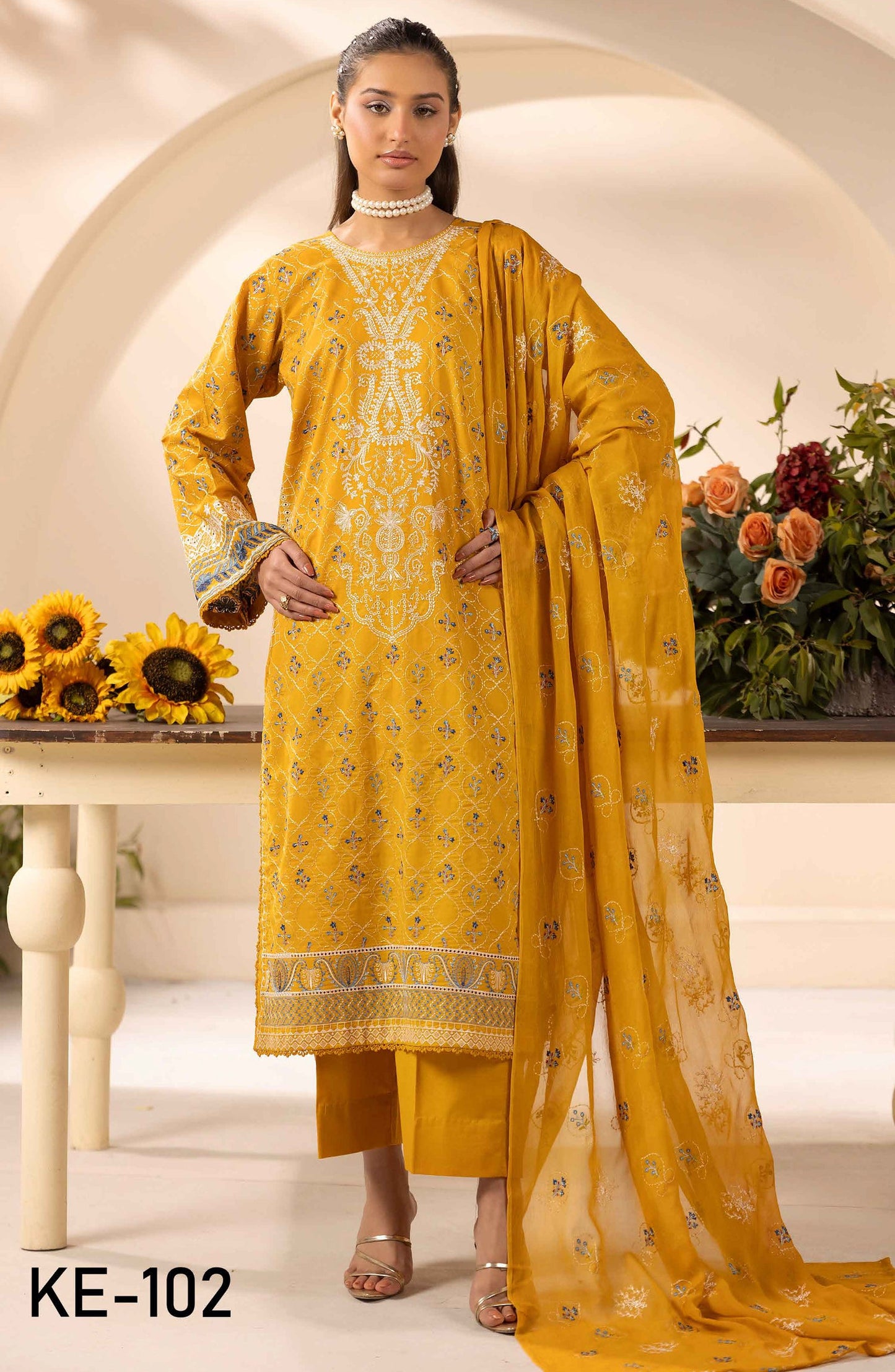 Elegance Khoobsurat by Embroidered Lawn Unstitched 3 Piece Suit - KE-102 - AK26EGN - Mustard - Summer Collection