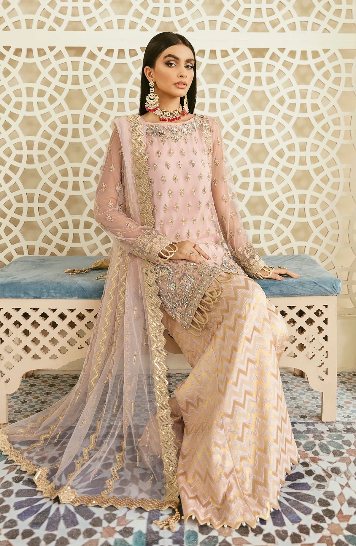 Elinor by Akbar Aslam Luxury Embroidered Net Unstitched 3 Piece Suit - Oriole - AKA25ELN - Pink - Festive Collection