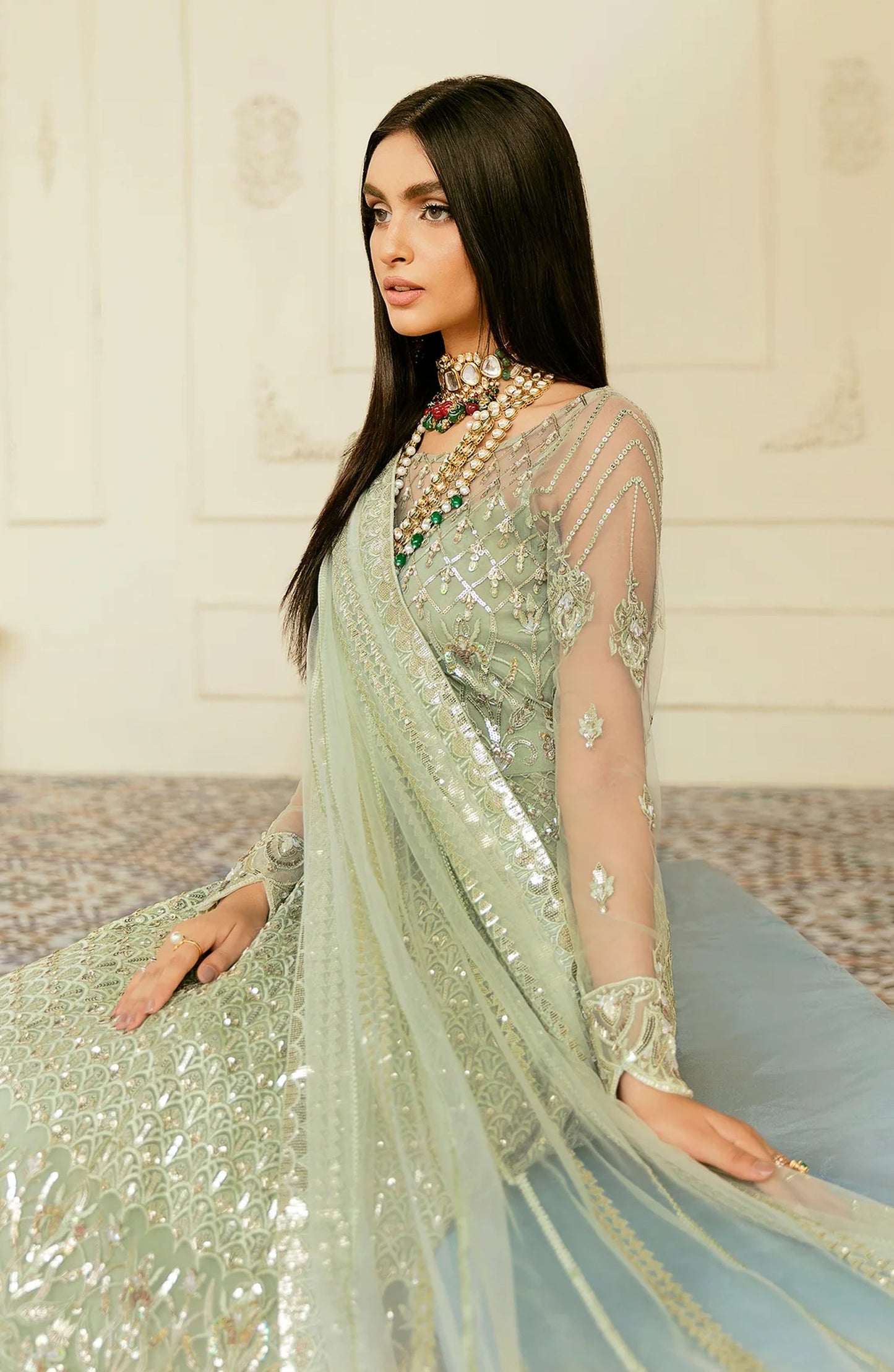 Elinor by Akbar Aslam Luxury Embroidered Net Unstitched 3 Piece Suit - Florican - AKA25ELN - Green - Festive Collection