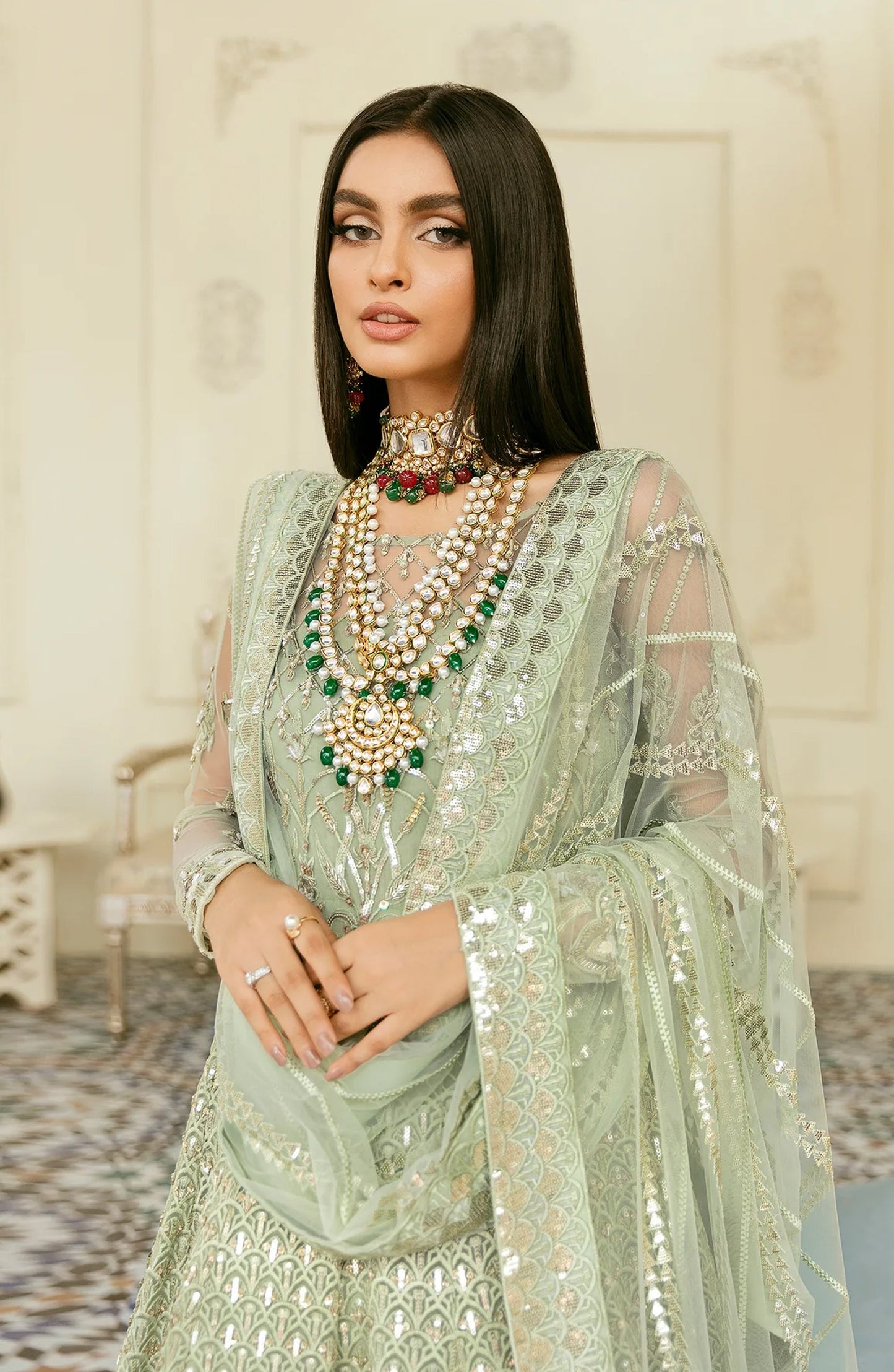 Elinor by Akbar Aslam Luxury Embroidered Net Unstitched 3 Piece Suit - Florican - AKA25ELN - Green - Festive Collection